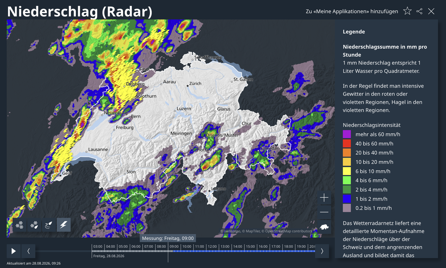 Gewitter über der Schweiz am Freitag um 9 Uhr.