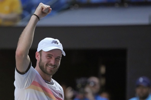 Tommy Paul of the U.S. celebrates after defeating compatriot Ben Shelton in their quarterfinal match at the Australian Open tennis championship in Melbourne, Australia, Wednesday, Jan. 25, 2023. (AP P ...