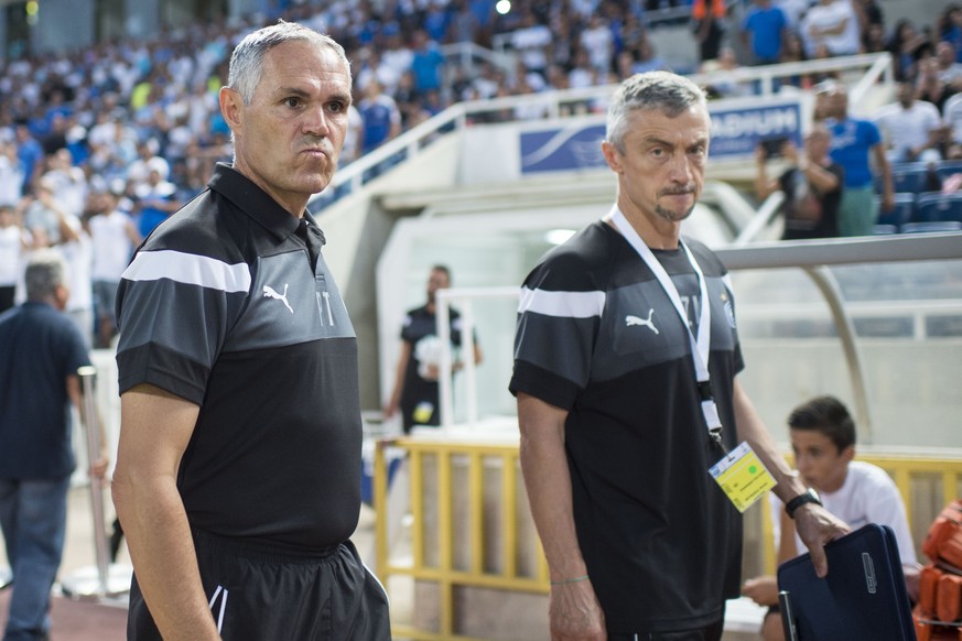 Grasshopper Club Zuerich head coach Pierluigi Tami, left, reacts during the UEFA Europa League third qualifying round soccer match between Apollon Limassol (Cyprus) and Grasshopper Club Zuerich (Switz ...