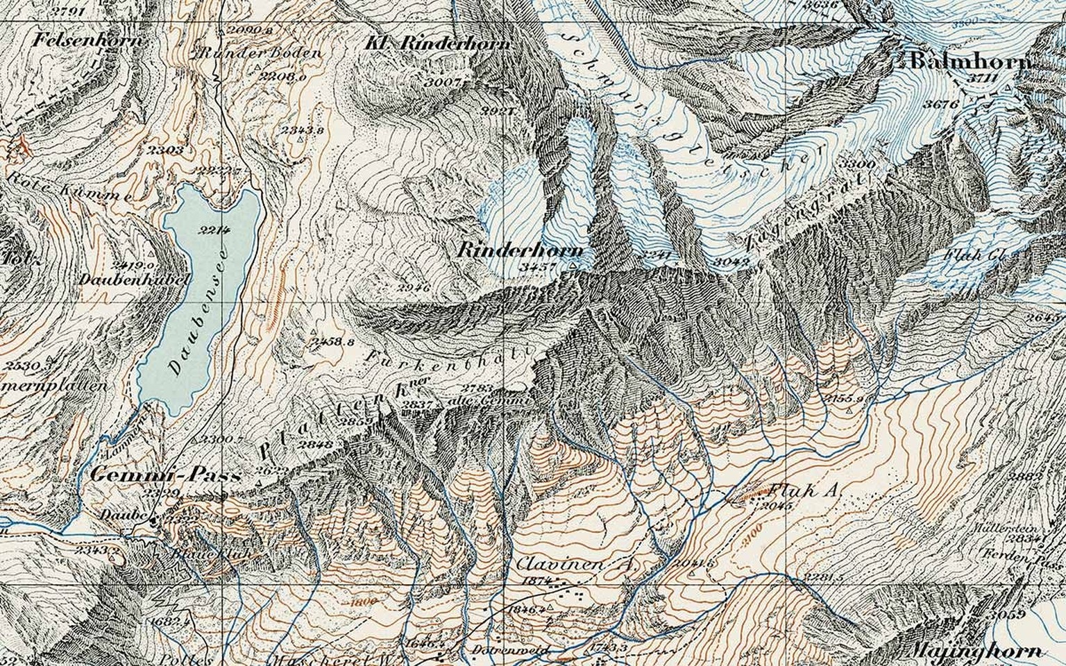 Auch die Siegfriedkarte (hier Blatt 473, Gemmi), die zum Zeitpunkt von Heims Streitschrift parallel zur Dufourkarte im Umlauf war, zeigte Südhänge im Schatten und Nordhänge im Licht.
https://map.geo.a ...