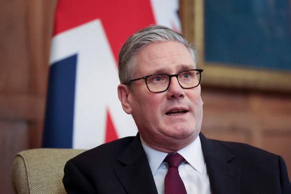 epa12671039 British Prime Minister Keir Starmer speaks during a bilateral meeting with Danish Prime Minister Mette Frederiksen (not pictured) at Chequers, the official country residence of the UK Prim ...
