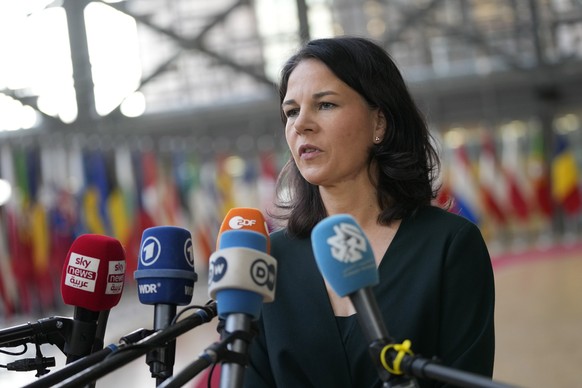 Germany&#039;s Foreign Minister Annalena Baerbock speaks with the media as she arrives for a meeting of EU foreign ministers at the European Council building in Brussels, Monday, Feb. 19, 2024. Europe ...
