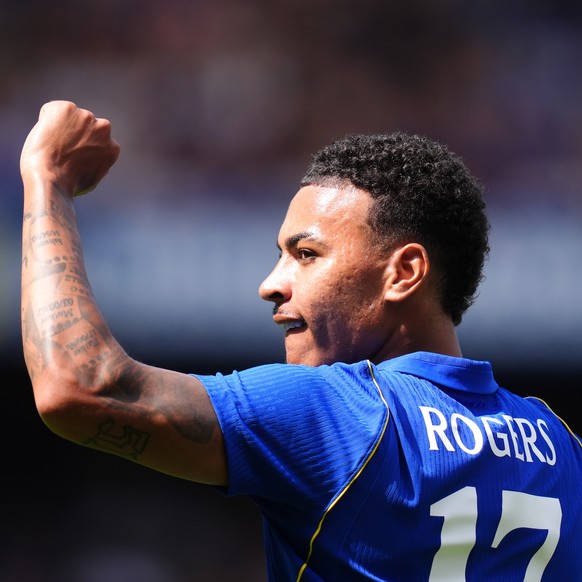 Chelsea's Morgan Rogers celebrates after scoring the opening goal during the pre-season match between FC Chelsea and Real Sociedad in London, England, Saturday, Aug. 15, 2026. (John Walton/PA via ...