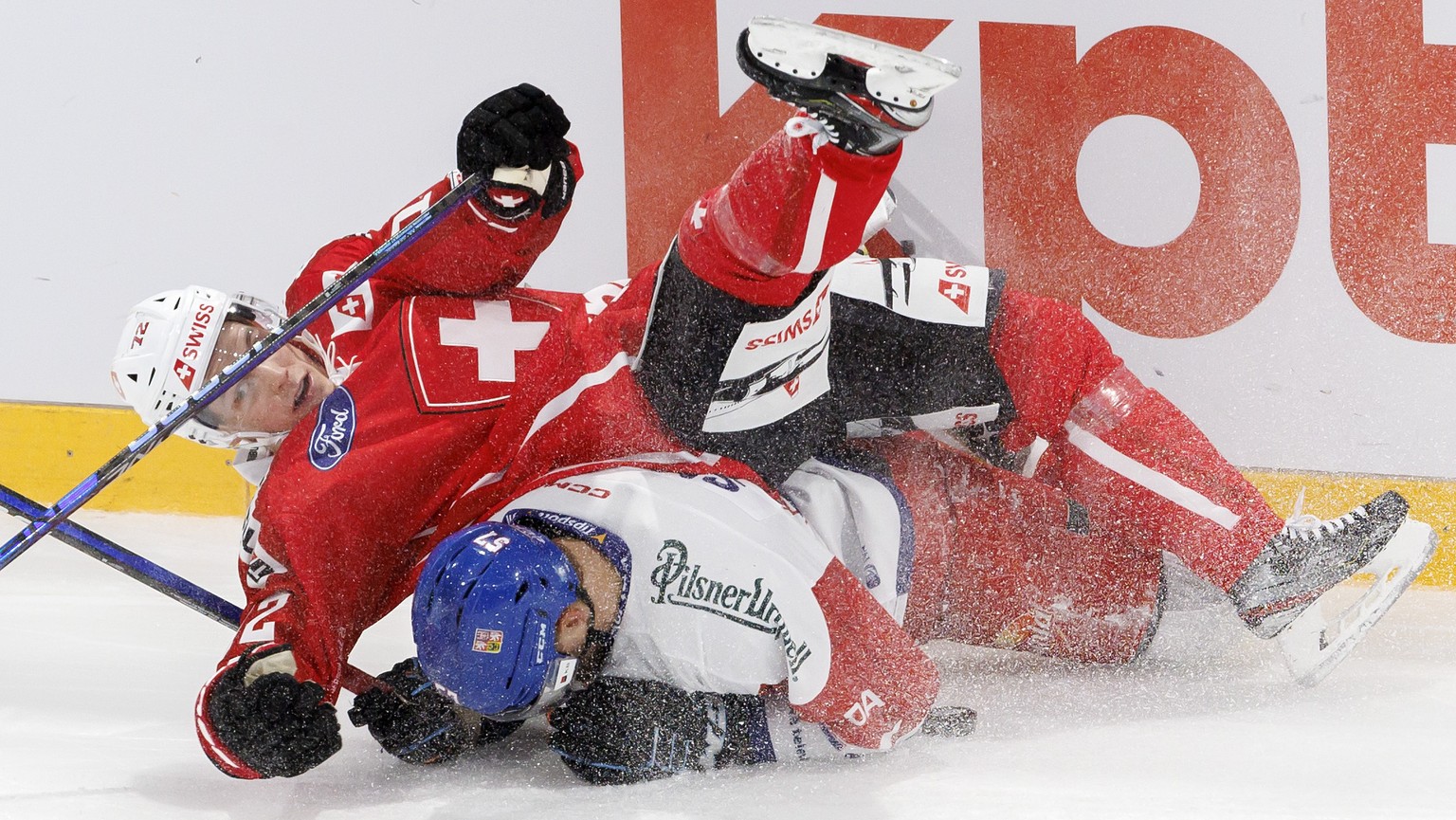 Switzerland&#039;s defender Dominik Egli, left, vies for the puck with Czech Republic&#039;s forward Jiri Smejkal, right, during the Swiss Ice Hockey Games 2022 between Switzerland and Czech Republic, ...