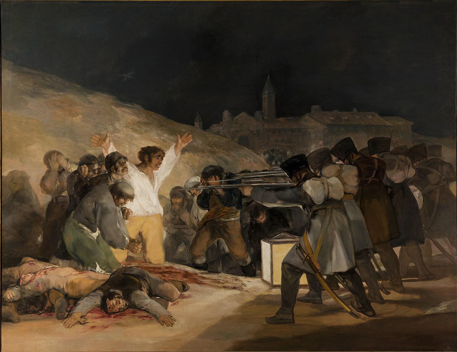 «Die Erschiessung der Aufständischen» (1814) bezieht sich auf die Rache des französischen Marschalls Joachim Murat an den rebellischen Spaniern nur einen Tag nach dessen Erhebung in Madrid vom 2. Mai 1808. Das Bild ist nicht in der aktuellen Beyeler-Ausstellung zu sehen, dafür aber sein Vorläufer.