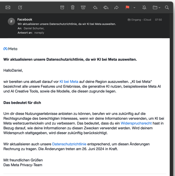 Screenshot: E-Mail von Meta zum Widerspruchsrecht