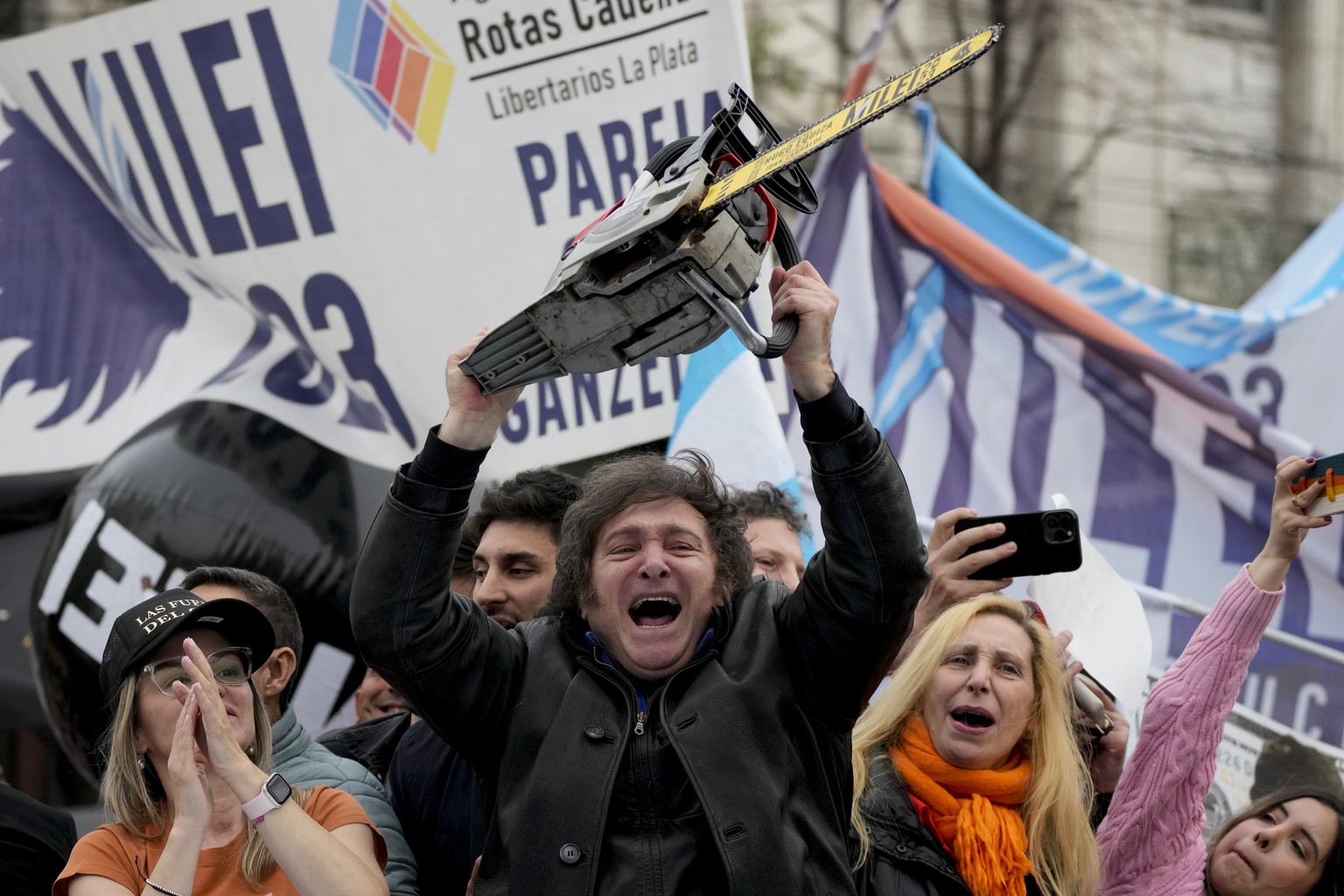 Presidential hopeful Javier Mile brandishes a chainsaw during a campaign rally in La Plata, Argentina, Sept. 12, 2023. Milei went on to win the presidency in a Nov. 19th runoff election. (AP Photo/Nat ...