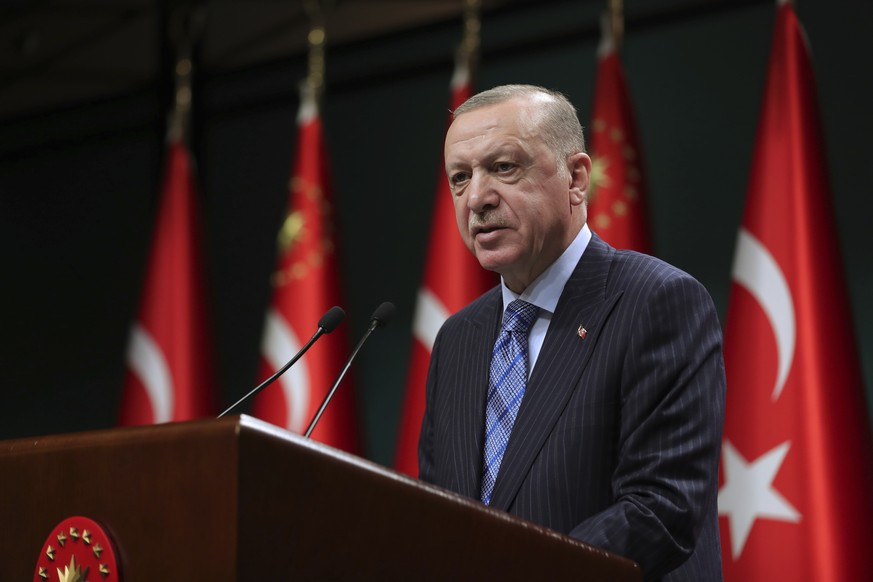 Turkey&#039;s President Recep Tayyip Erdogan talks following his cabinet meeting in Ankara, Turkey, Monday, May 17, 2021. Erdogan slammed U.S President Joe Biden, accusing him of &quot;writing history ...