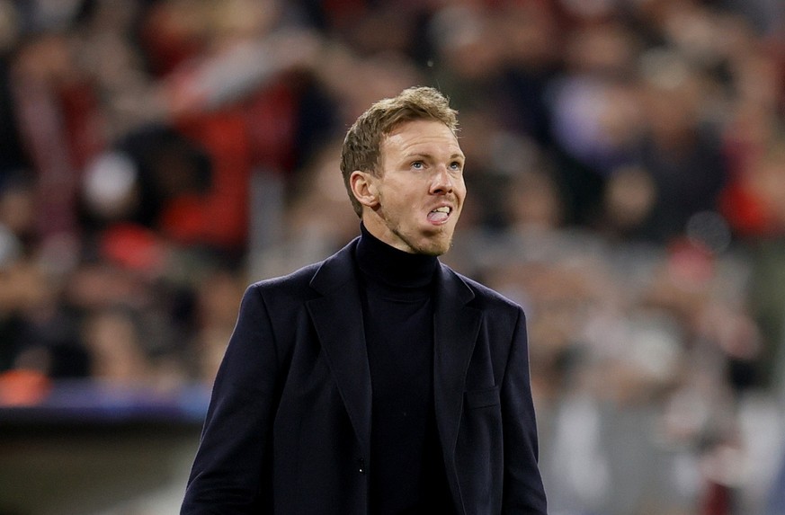 epa10510363 Head coach of Bayern Munich Julian Nagelsmann reacts during the UEFA Champions League Round of 16, 2nd leg match between Bayern Munich and Paris Saint-Germain in Munich, Germany, 08 March  ...