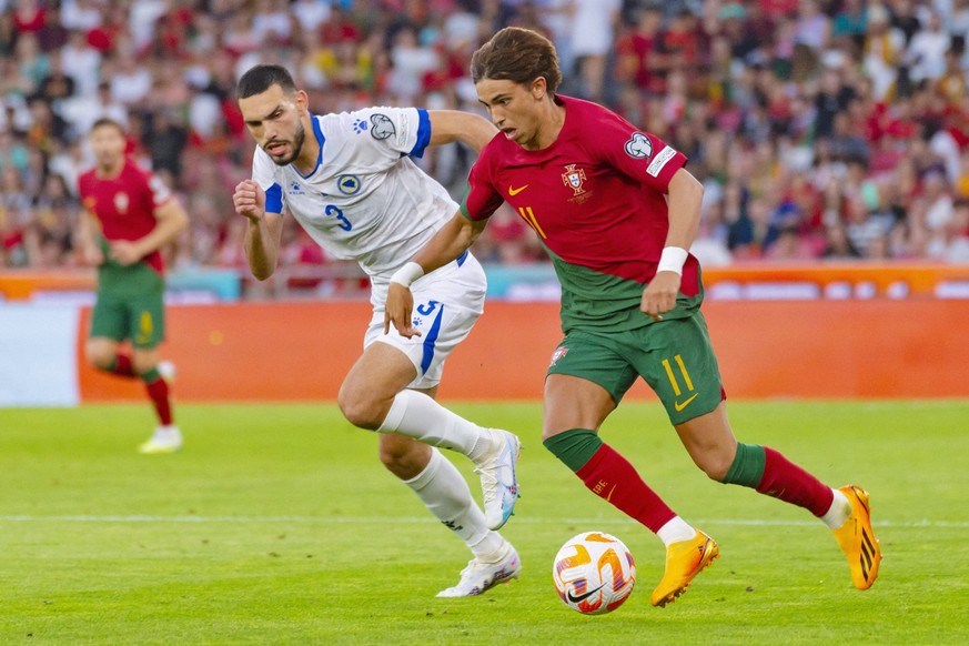 UEFA European Football Championship - FOOTBALL - EURO 2024 - QUALIFYING - PORTUGAL v BOSNIA HERZEGOVINA Joao Felix of Portugal and Adrian Leon Barisic of Bosnia and Herzegovina during the UEFA EURO, E ...