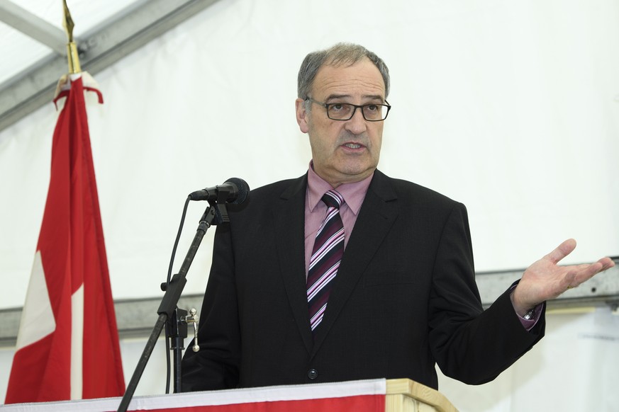 Guy Parmelin, conseiller federal, chef du departement federal de la defense, de la protection de la population et des sports (DDPS) s&#039;exprime, lors de la ceremonie de pose de la premiere pierre d ...