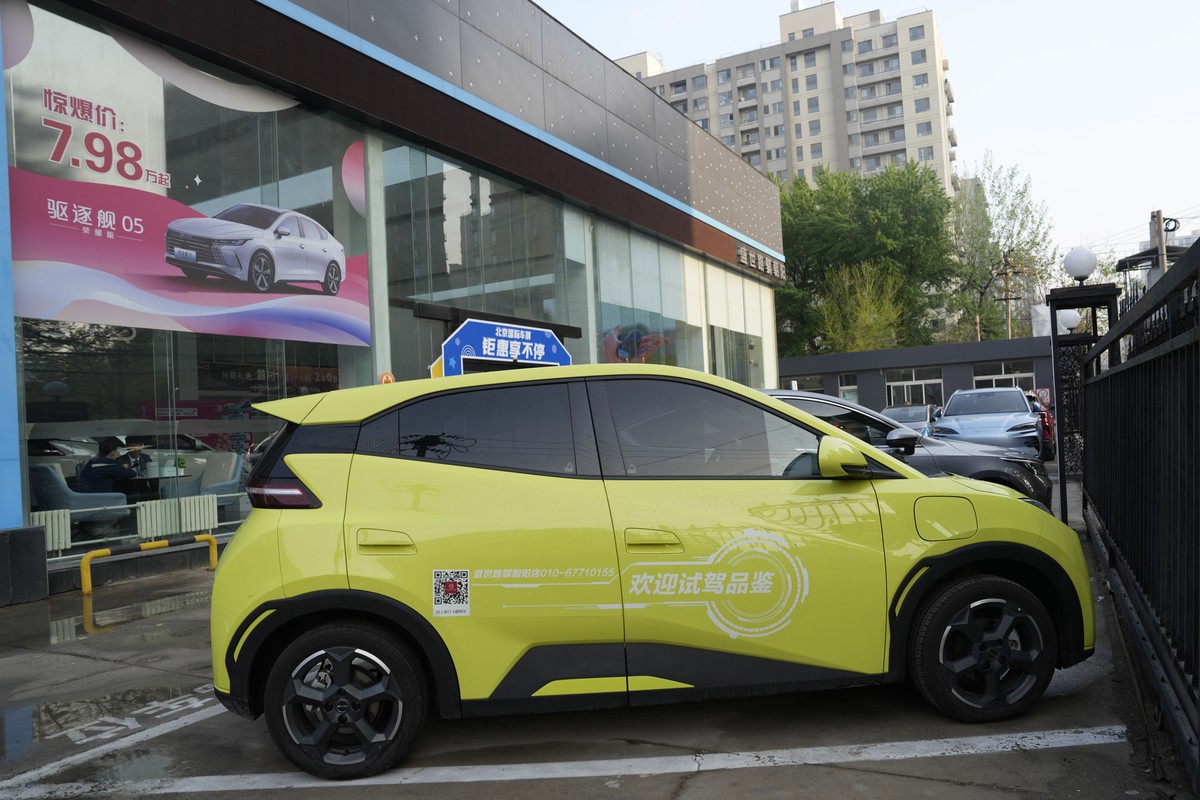 A Seagull electric vehicle from Chinese automaker BYD for test driving is parked outside a showroom in Beijing, Wednesday, April 10, 2024. The tiny, low-priced electric vehicle called the Seagull has  ...