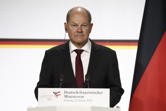 German Chancellor Olaf Scholz attends a joint press conference with French President Emmanuel Macron Sunday, Jan. 22, 2023 at the Elysee Palace in Paris. France and Germany are seeking to overcome dif ...