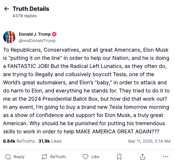 Donald Trump eilt Elon Musk und Tesla auf Truth Social zu Hilfe.
