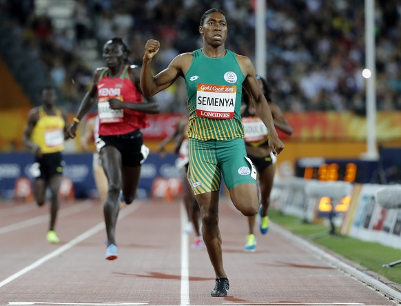 FILE - South Africa&#039;s Caster Semenya celebrates after winning the woman&#039;s 800m final at Carrara Stadium during the 2018 Commonwealth Games on the Gold Coast, Australia, April 13, 2018. Track ...