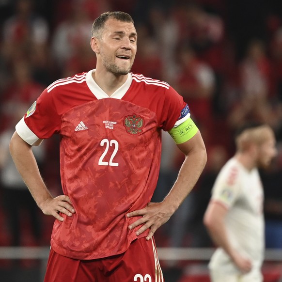 Russia&#039;s Artem Dzyuba is dejected after the Euro 2020 soccer championship group B match between Russia and Denmark at the Parken stadium in Copenhagen, Denmark, Monday, June 21, 2021. Denmark won ...