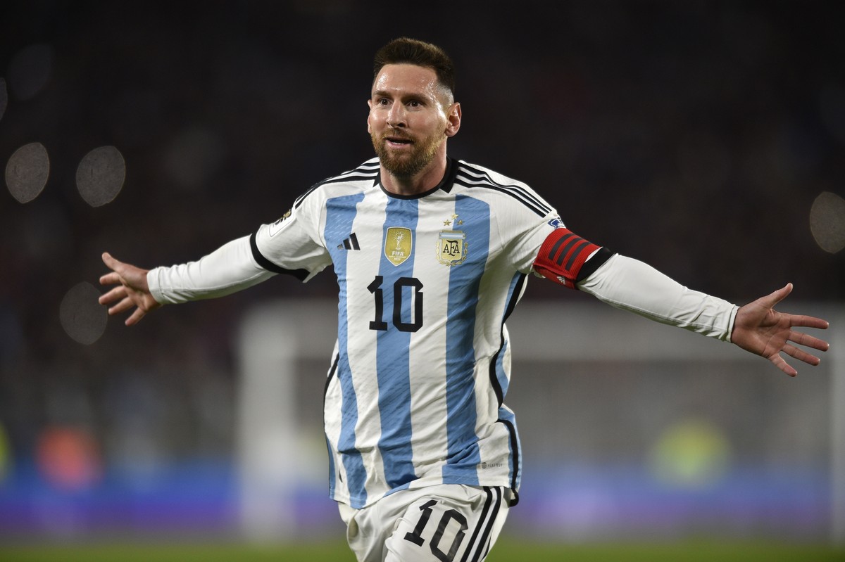FILE -Argentina's Lionel Messi, celebrates scoring his side's first goal against Ecuador during a qualifying soccer match for the FIFA World Cup 2026, at Monumental stadium in Buenos Aires,  ...