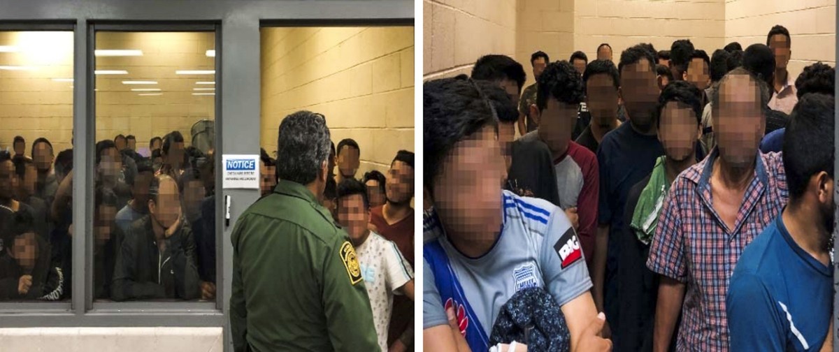 epa07690955 A handout photo made available by the Office of the Inspector General made available on 02 July 2019 shows overcrowded conditions at the US Border Patrol's McAllen holding station in  ...