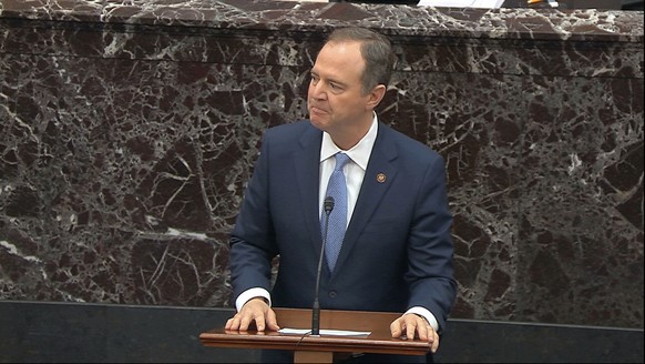 In this image from video, impeachment manager Rep. Adam Schiff, D-Calif., argues in favor of amendment regarding selective admission of evidence and handling of classified material that was offered by ...