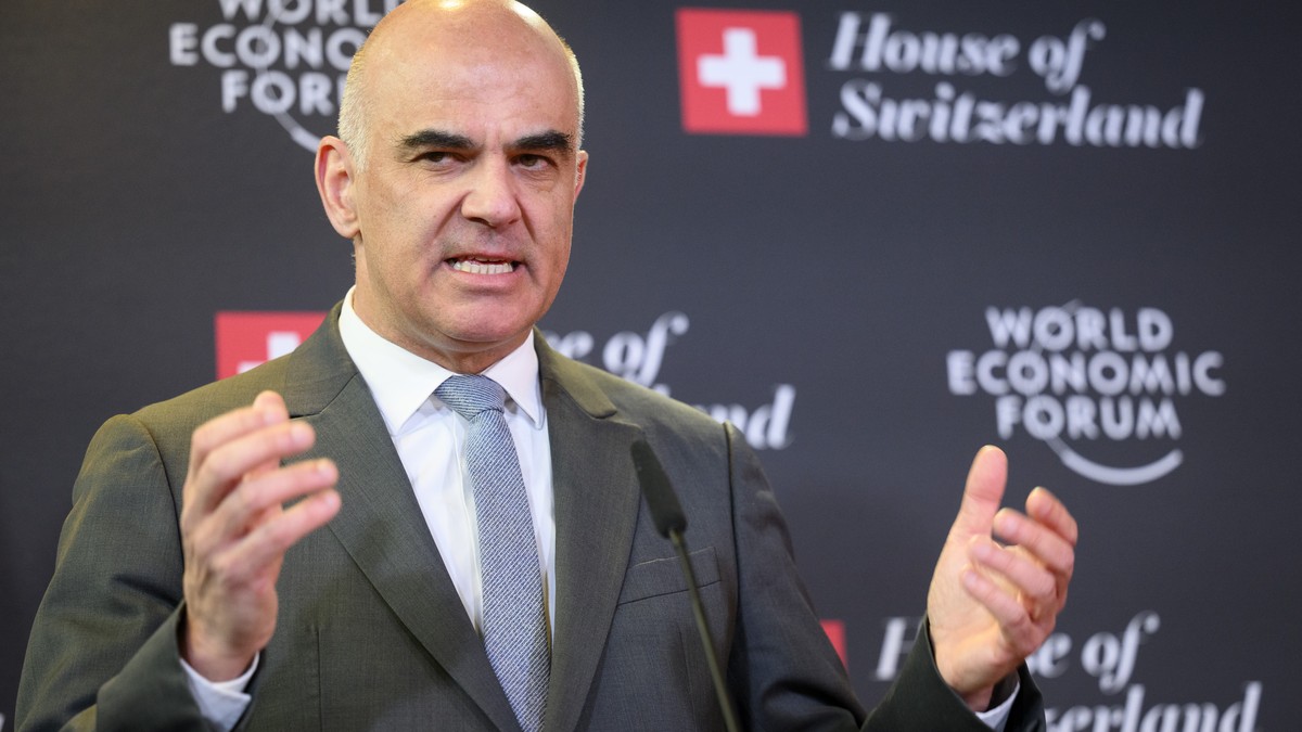 Switzerland's President Alain Berset speaks during a press conference at the House of Switzerland, HoS, on the sideline of the 53rd annual meeting of the World Economic Forum, WEF, in Davos, Swit ...