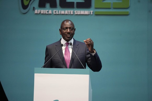 Kenyan President William Ruto addresses delegates at the official opening of the African Climate Summit at the Kenyatta International Convention Center in Nairobi, Kenya, Monday, September 4, 2023. The...