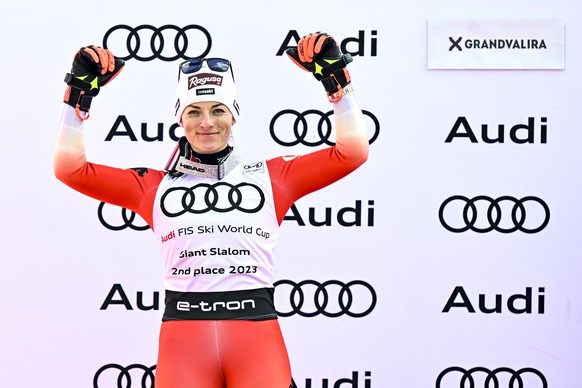 Second placed of the women&#039;s giant slalom overall classification Lara Gut-Behrami of Switzerland celebrates during the podium ceremony at the FIS Alpine Skiing World Cup finals in Soldeu, Andorra ...