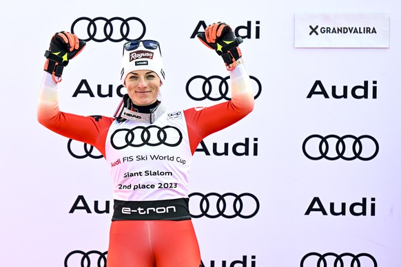 Second placed of the women's giant slalom overall classification Lara Gut-Behrami of Switzerland celebrates during the podium ceremony at the FIS Alpine Skiing World Cup finals in Soldeu, Andorra ...