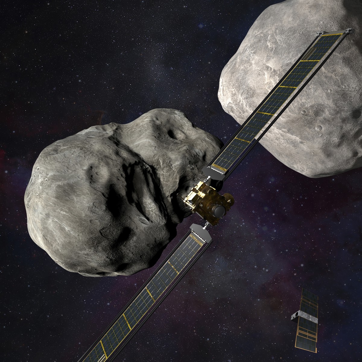 This illustration made available by Johns Hopkins APL and NASA depicts NASA's DART probe, center, and Italian Space Agency's (ASI) LICIACube, bottom right, at the Didymos system before impac ...