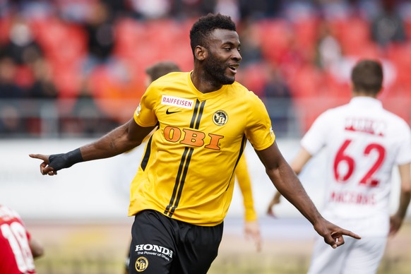 L&#039;attaquant bernois Jean-Pierre Nsame celebre son but lors de la rencontre de football de Super League entre le FC Sion et BSC Young Boys ce dimanche 5 mai 2019 au stade de Tourbillon a Sion. (KE ...