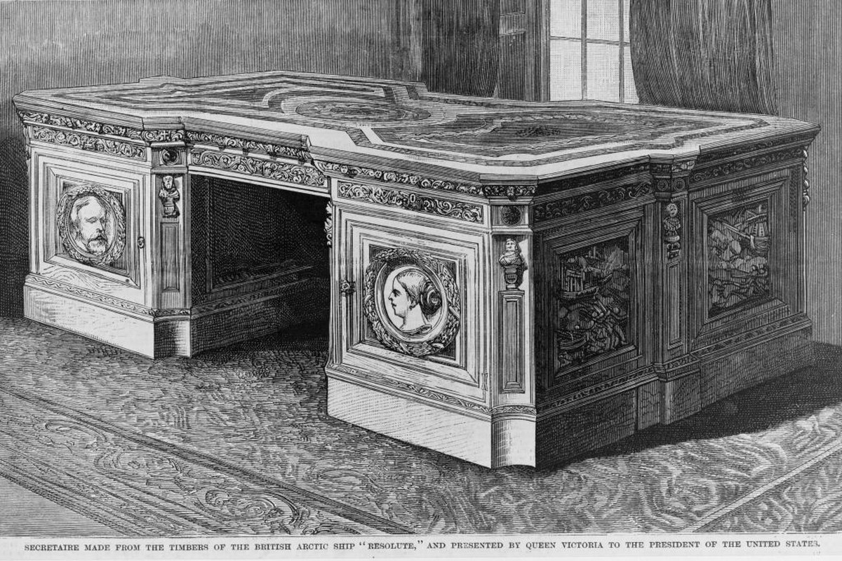 Secretaire made from the timbers of the British Arctic ship 'Resolute,' and presented by Queen Victoria to the President of the United States, A secretary or writing desk. 1880 Dec. 11. Desk ...