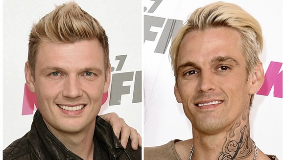 FILE - In this combination photo, Nick Carter, left, of the Backstreet Boys and his singer brother Aaron Carter appear at Wango Tango on May 13, 2017, in Carson, Calif. Robert Carter, the father of Ni ...