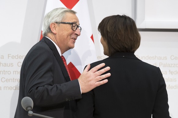 European Commission President Jean-Claude Juncker, left, and Swiss Federal President Doris Leuthard at the end of a press conference, during his official visit in Bern, Switzerland, Thursday, November ...