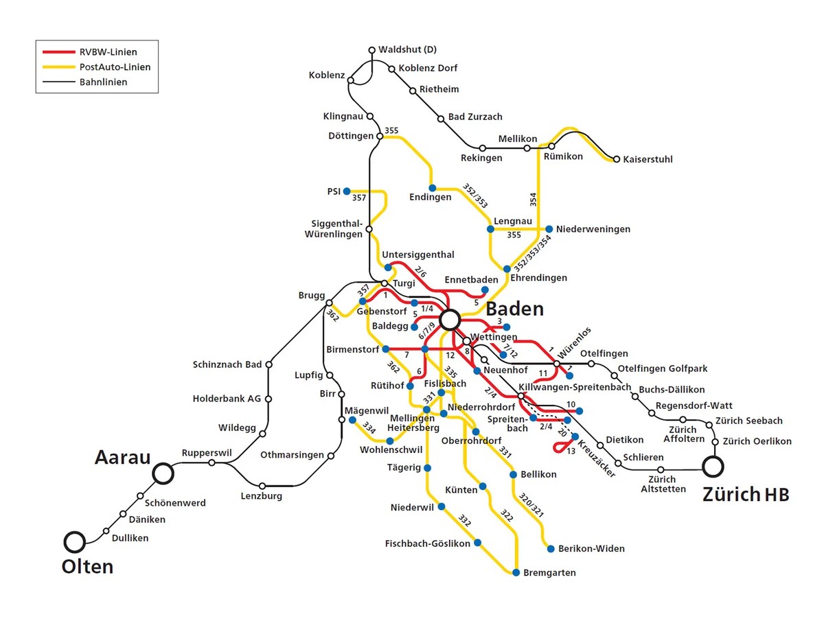 ÖV-Netz, das im Festpass für die Badenfahrt inbegriffen ist. https://badenfahrt.ch/das-fest-2023/informationen/an-und-abreise/