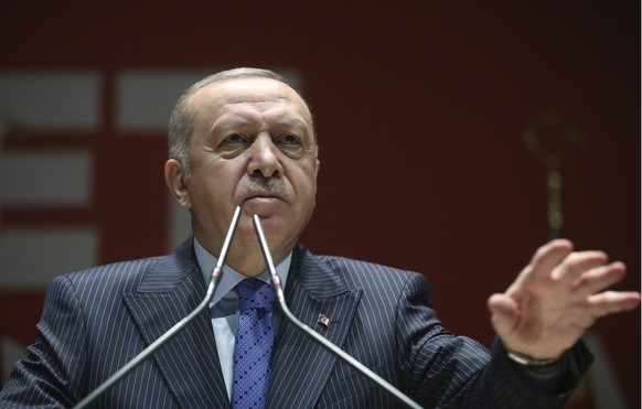 Turkish President Recep Tayyip Erdogan speaks to his ruling party members, in Ankara, Turkey, Thursday, Feb. 27, 2020. Erdogan said Thursday that fighting in northwest Syria had swung in favor of Turk ...