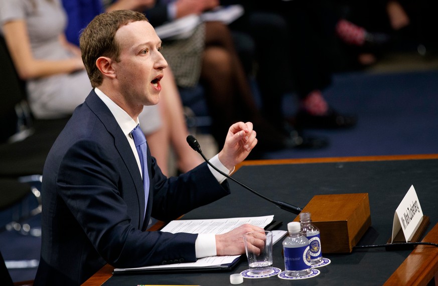 FILE- In this Tuesday, April 10, 2018, file photo, Facebook CEO Mark Zuckerberg testifies before a joint hearing of the Commerce and Judiciary Committees on Capitol Hill in Washington. Zuckerberg repe ...