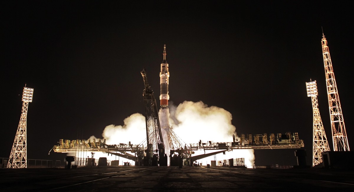 Der Start der Sojus-Rakete in Kasachstan.