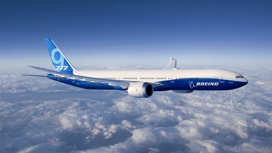epa07440548 An undated handout photo made available by Boeing shows a computer-generated image (CGI) of a Boeing 777X - 9 in blue Boeing livery (issued 15 March 2019). EPA/BOEING / HANDOUT HANDOUT EDI ...