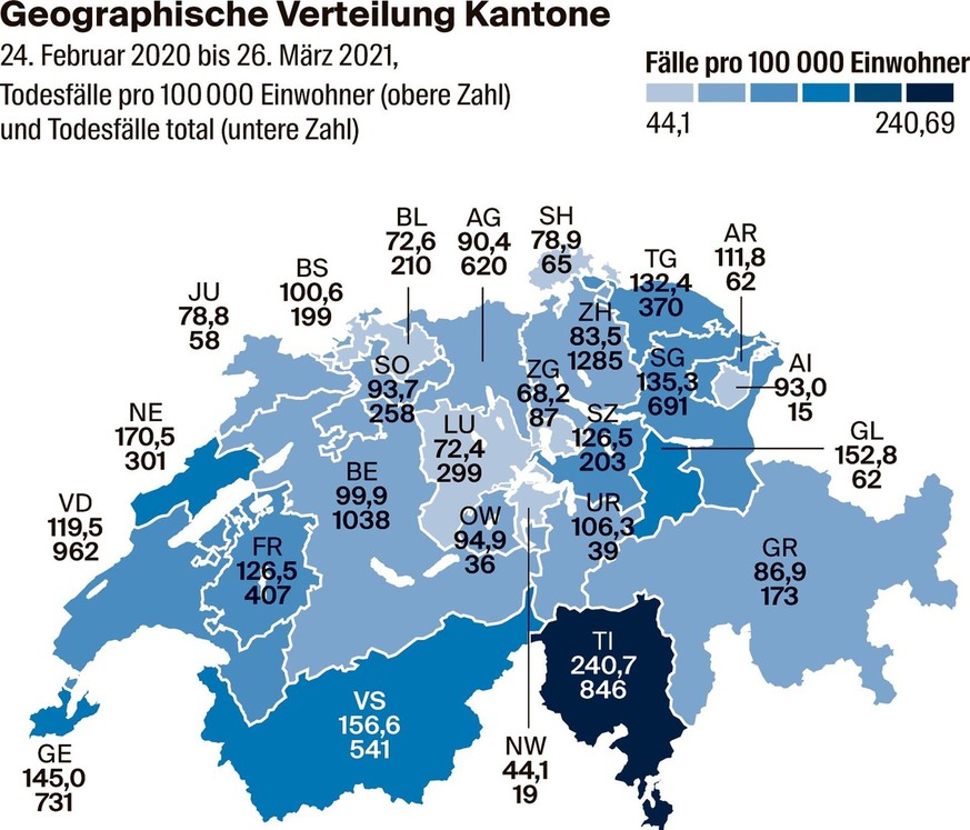 geographische verteilung kantone. todesfälle pro 100&#039;000 einwohner.