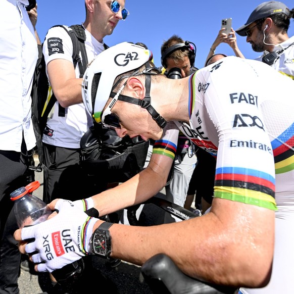 Slovenian Tadej Pogacar of UAE Team Emirates pictured after stage seven of the 2025 Tour de France cycling, from Saint-Malo to Mur-de-Bretagne 194 km, on Friday 11 July 2025 in France. The 112th editi ...