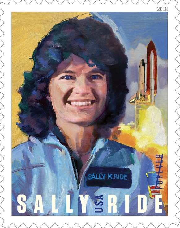 This image released by the United States Postal Service, shows America’s first female astronaut, Sally Ride, on a Forever stamp to be released on May 23, 2018 in Austin. (USPS via AP)