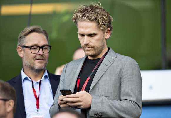 Bestyrelsesformand Rasmus Ankersen og CEO Claus Steinlein, FC Midtjylland, foer kampen i Europa League kvalifikationskampen FC Midtjylland mod Rangers FC paa MCH Arena i Herning, torsdag 8. august 201 ...