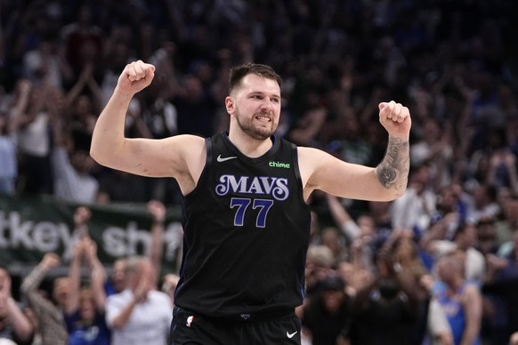 Dallas Mavericks guard Luka Doncic celebrates in the second half of Game 6 of an NBA basketball second-round playoff series agaist the Oklahoma City Thunder Saturday, May 18, 2024, in Dallas. (AP Phot ...