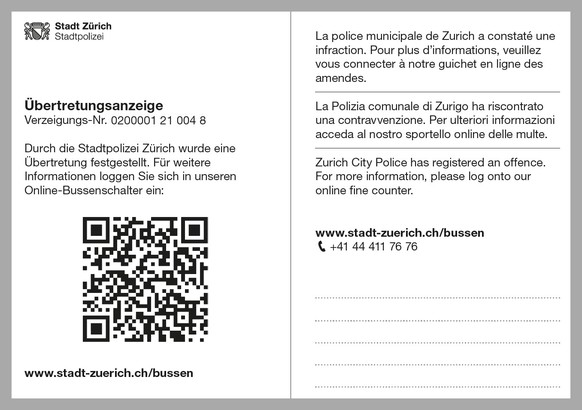 QR Code Bussenzettel Stadtpolizei Zürich