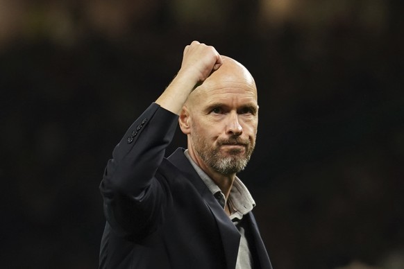 Manchester United&#039;s head coach Erik ten Hag celebrates at the end of the English Premier League soccer match between Manchester United and Liverpool at Old Trafford stadium, in Manchester, Englan ...