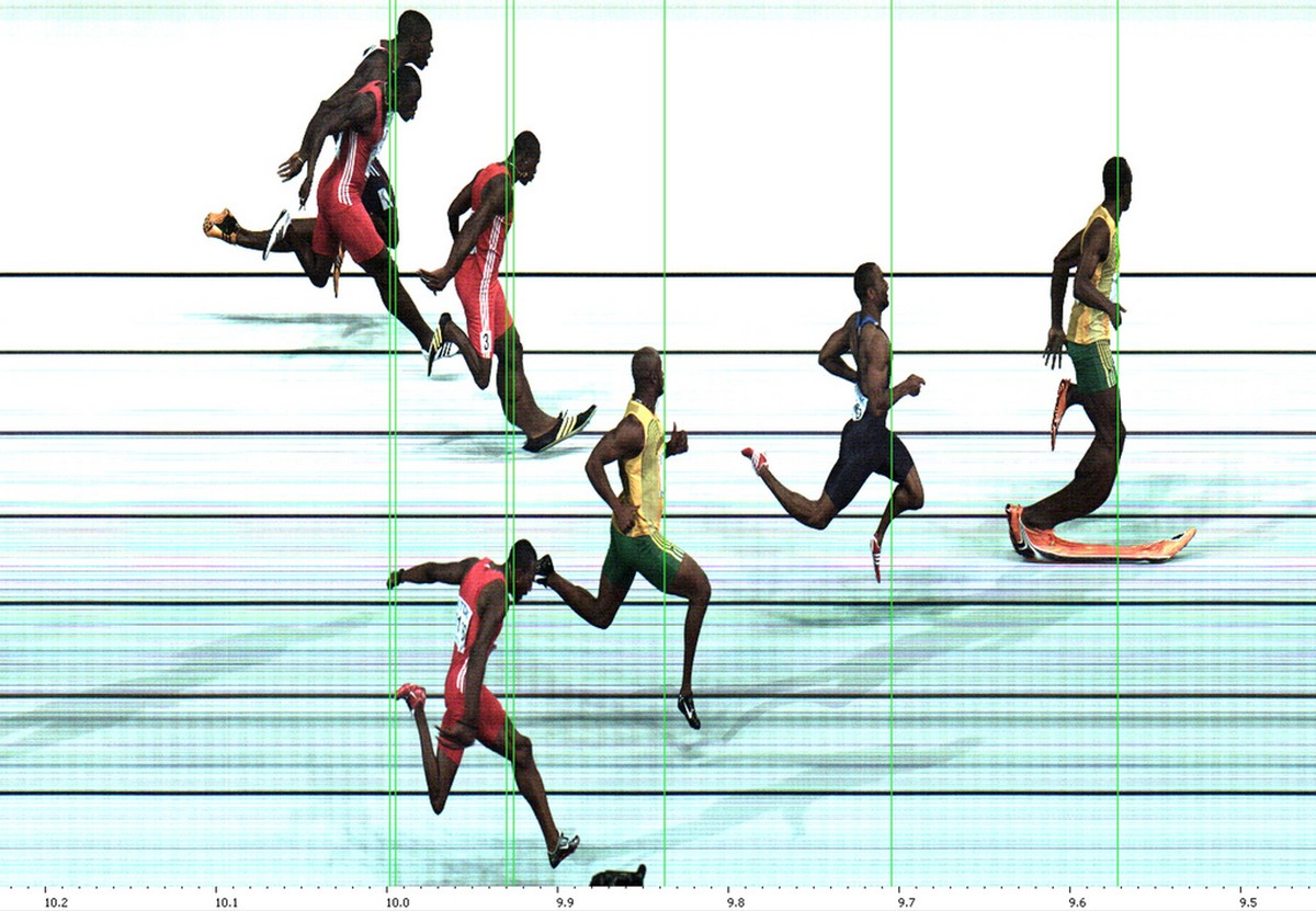 Picture provided by Seiko on Sunday, Aug 16, 2009 shows the finish line photo of the Men's 100m final during the World Athletics Championships in Berlin. At the bottom the time code is seen from  ...
