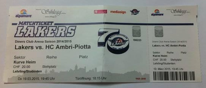 Ein Originalticket vom letzten Heimsieg der Lakers in der NLA.