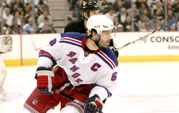 In this May 4, 2008 photo, New York Rangers&#039; Jaromir Jagr, of the Czech Republic, skates against the Pittsburgh Penguins&#039; in Game 5 of an Eastern Conference semifinal playoff hockey series i ...