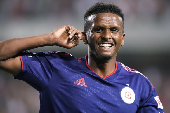 Chicago Fire midfielder Maren Haile-Selassie reacts after scoring his second goal during the second half of an MLS soccer game against Inter Miami in Chicago, Wednesday, Oct. 4, 2023. (AP Photo/Nam Y. ...