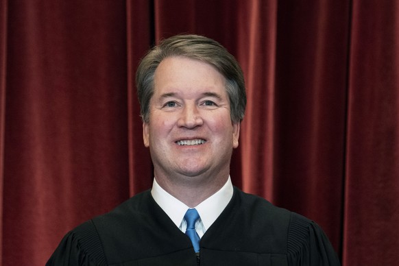 FILE - Associate Justice Brett Kavanaugh stands during a group photo at the Supreme Court in Washington, on April 23, 2021. (Erin Schaff/The New York Times via AP, Pool)