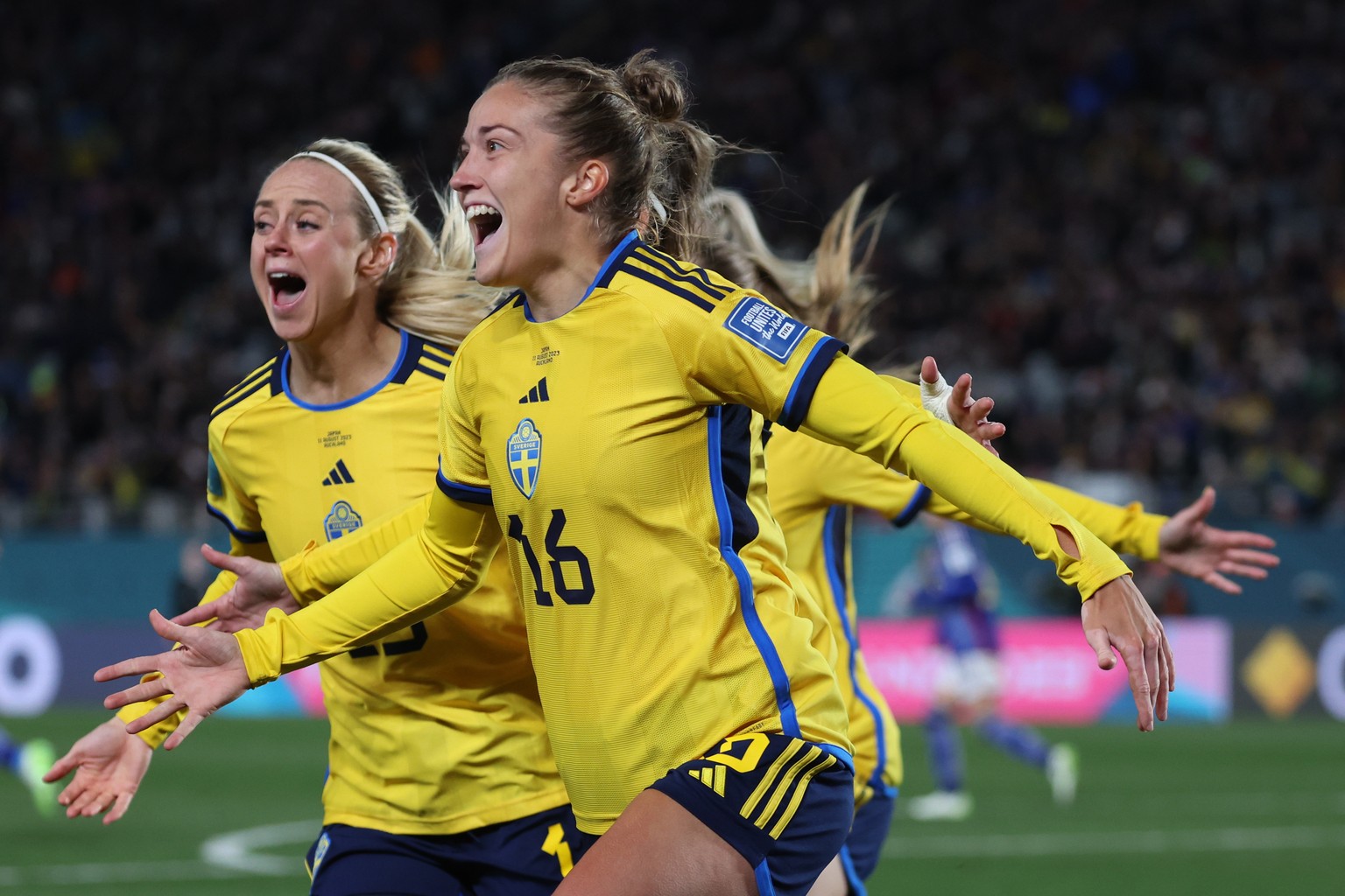 epa10794592 Filippa Angeldal of Sweden celebrates after scoring the team&#039;s second goal during the FIFA Women&#039;s World Cup 2023 Quarter Final soccer match between Japan and Sweden in Auckland, ...
